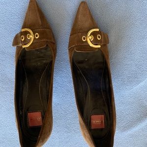 Brown suede Coach buckle kitten heels